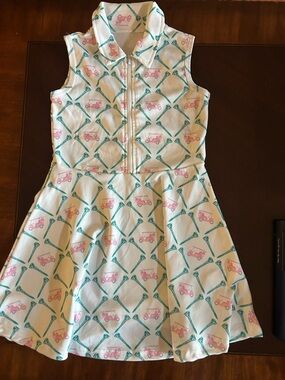Girls White Polo Dress with Pink Golf Cart Print and Teal Accents